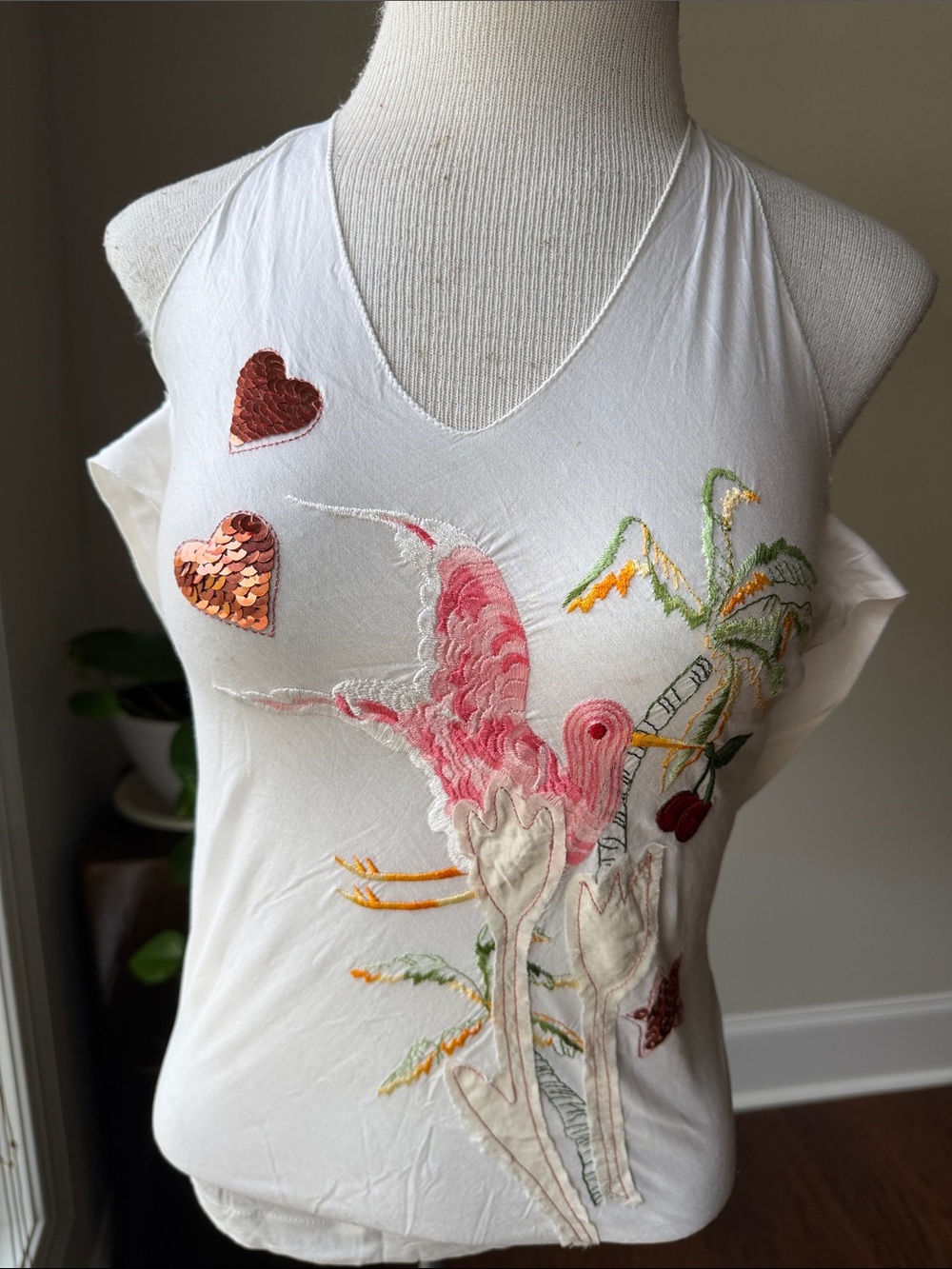 Patrizia Pepe White Halter Tank with Pink Flamingo Embroidery and Sequin Hearts